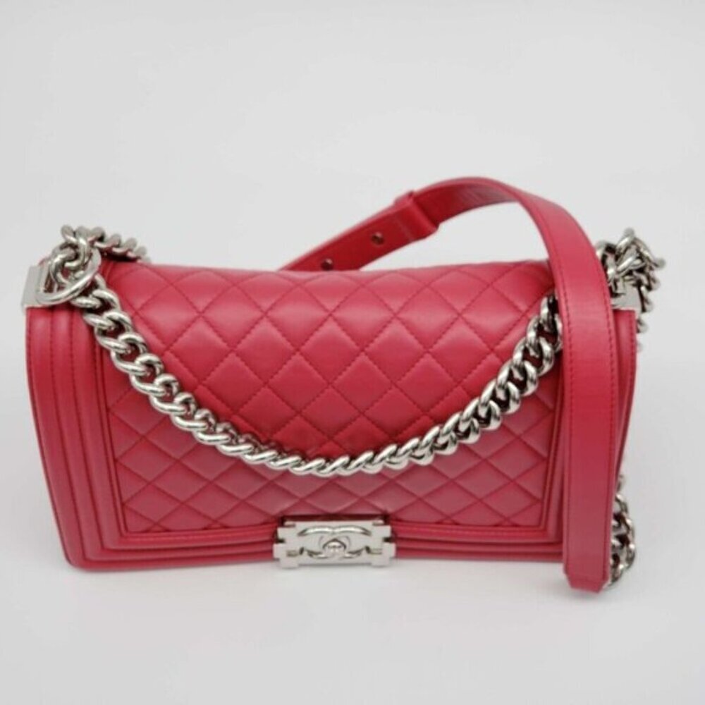 Authentic Chanel Boy Bag Red Quilted Leather Medium Flap Silver Chain CC Logo - Picture 3 of 16